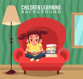 卡通沙发上读书的女孩矢量素材